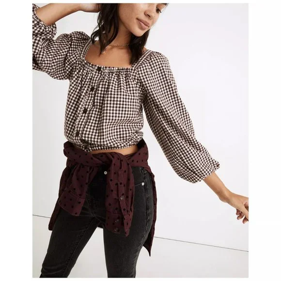 [NWT] Madewell Gingham Crop Puff Sleeve Button Down Blouse - Picture 3 of 5
